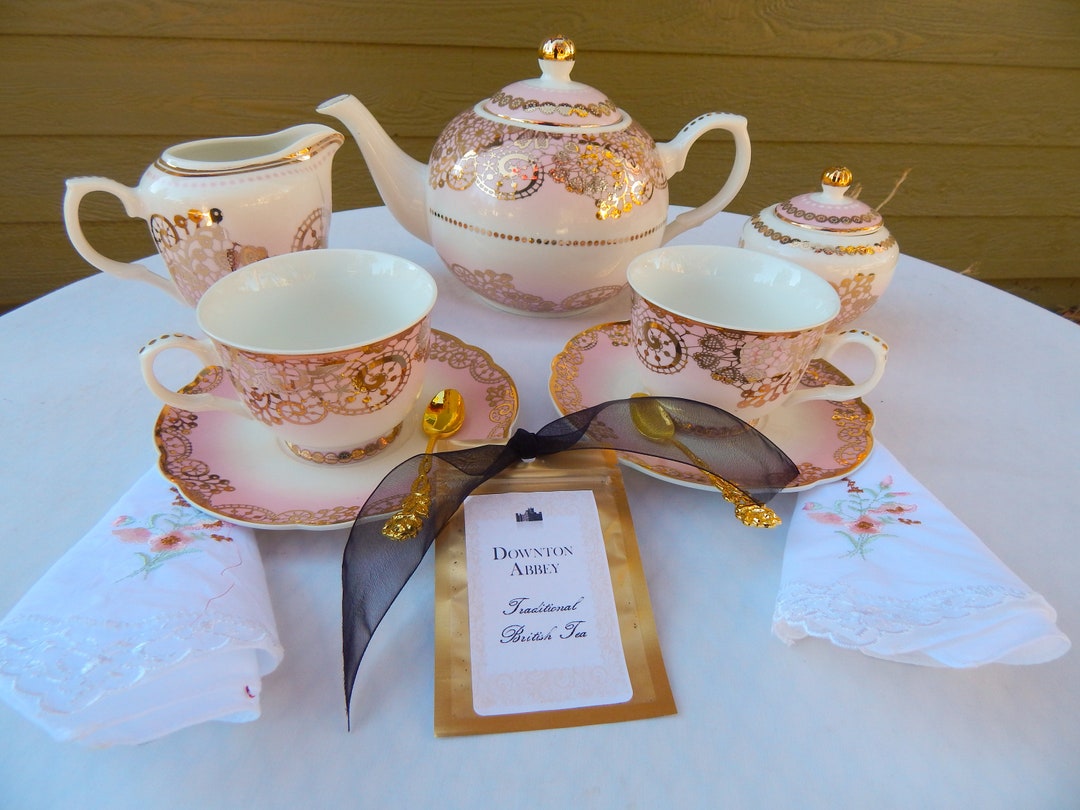 Downton Abbey Tea Party 12 Piece Elegant Pink Gold Lace Teapot Etsy
