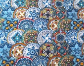 Fabric Mexican Talavera Plates. Fiesta pottery dishes. Elizabeth Studios. Novelty Print Cotton Fabric QTR