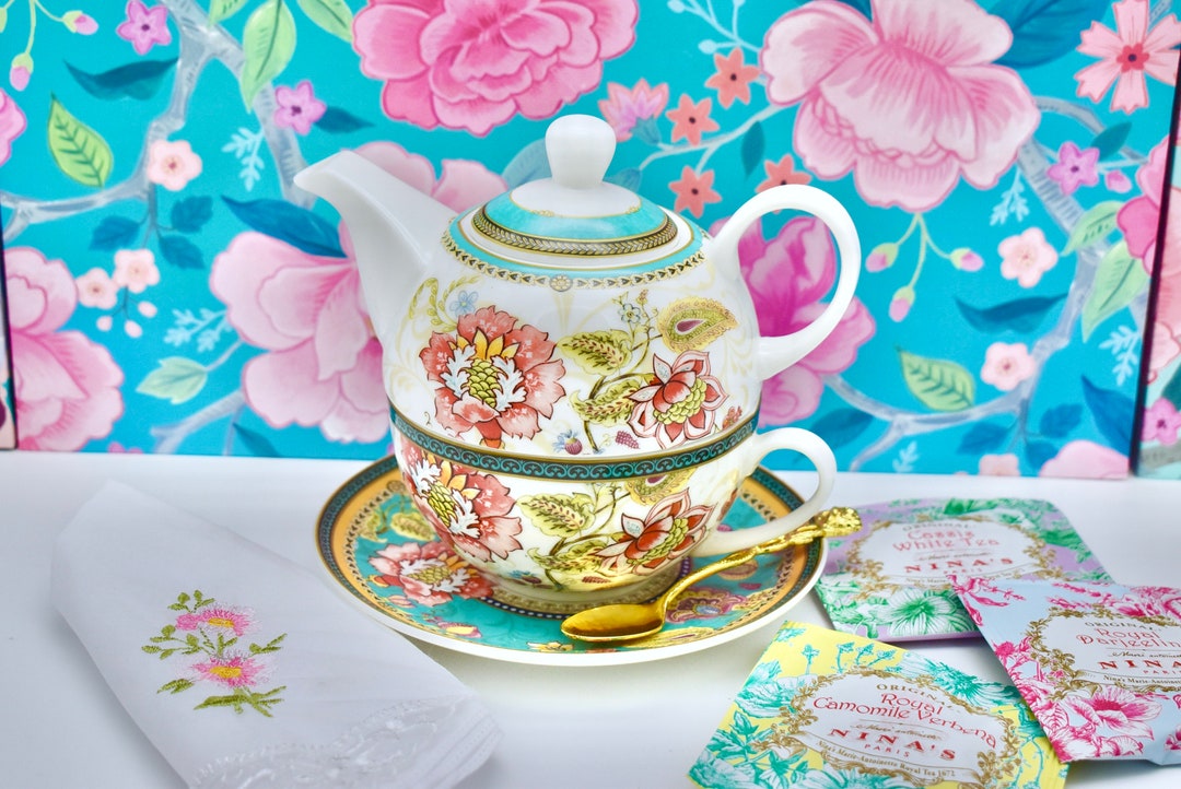 Tea for One Gift Set Japanese Blooming Garden. Personalized Porcelain