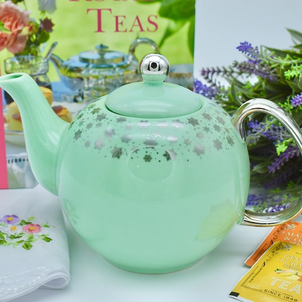 Teapot. Mint Green, pastel with gold. Woodland  themed. 40oz Fine Bone China Tea Pot with Imported Tea Sampler.