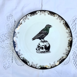 Skull Plate  Black Crow perched on Skull Skeleton. Fine Bone China Dish. Holiday Wedding gift  Bridal Shower  Lunch Dinner Platter