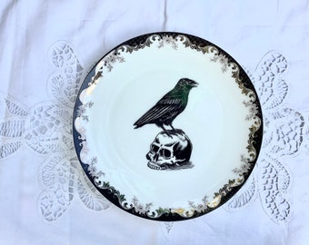 Skull Plate  Black Crow perched on Skull Skeleton. Fine Bone China Dish. Holiday Wedding gift  Bridal Shower  Lunch Dinner Platter