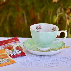 Tea Cup and Saucer with Spoon  Embroidered Napkin  Tea Pack, Gift Box  Green Country Roses, polka dots. Bridal Shower gift