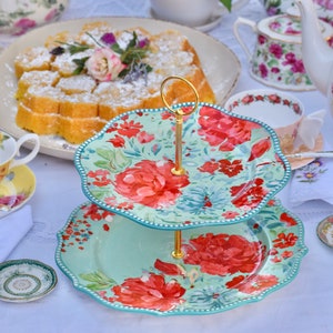 Tiered Tray  Pioneer Woman Handmade GORGEOUS GARDEN Teal Red Flowers Serving Platter  Decorations Centerpiece for Tea Parties  Tablescaping