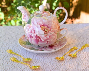 Tea for One Gift Set  Ivory and Rose Blush Peonies. Personalized Porcelain Teapot and Tea Cup  gold plated spoon, tea packet, and napkin