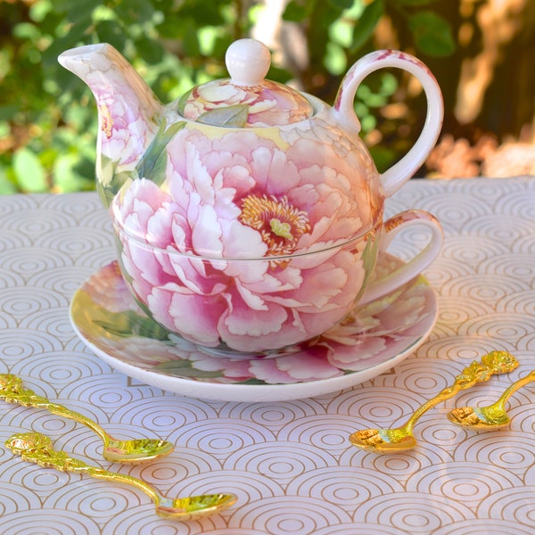 Tea for One Gift Set  Ivory and Rose Blush Peonies. Personalized Porcelain Teapot and Tea Cup  gold plated spoon, tea packet, and napkin