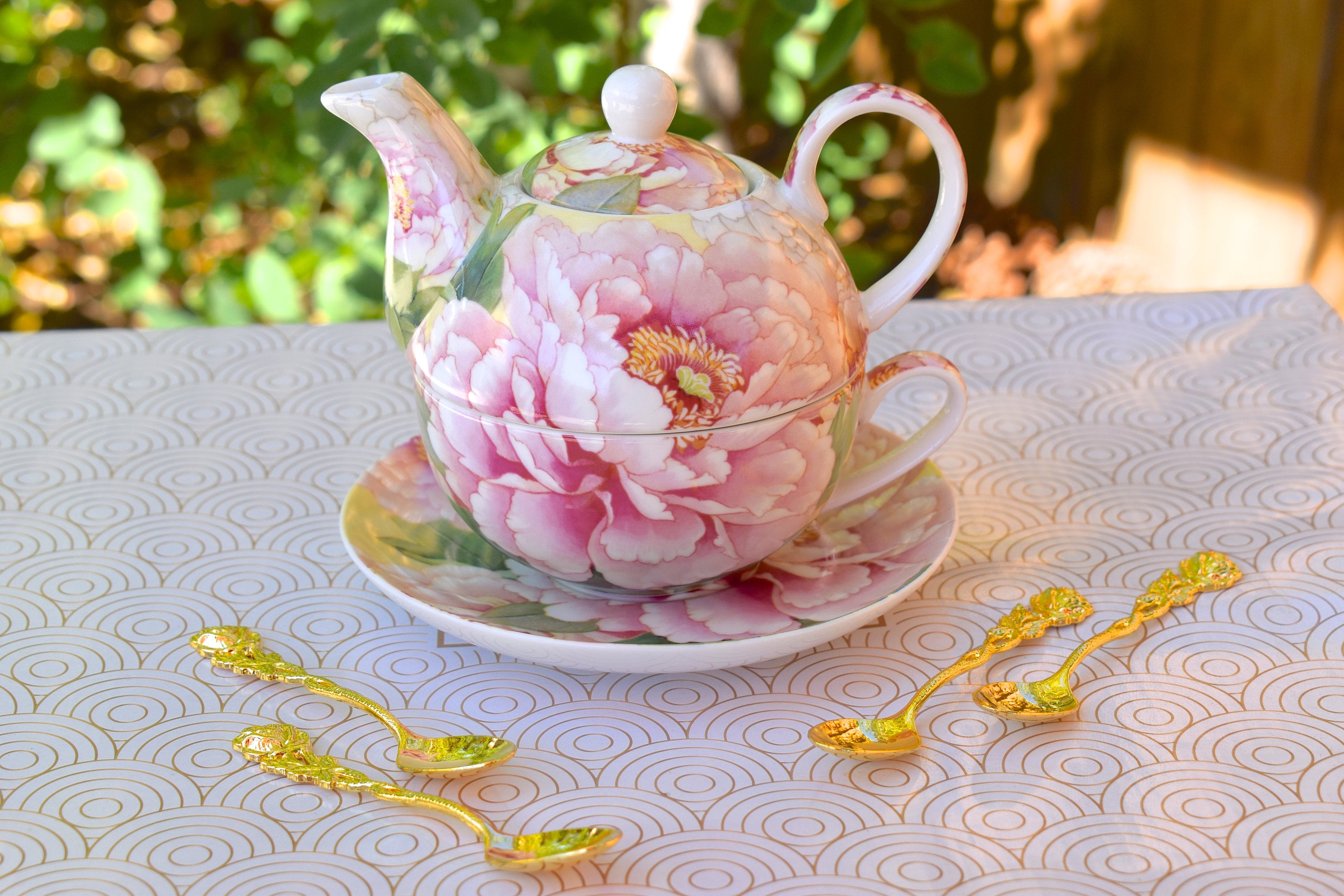 Tea for One Gift Set Ivory and Rose Blush Peonies. Personalized Porcelain  Teapot and Tea Cup Gold Plated Spoon, Tea Packet, and Napkin 