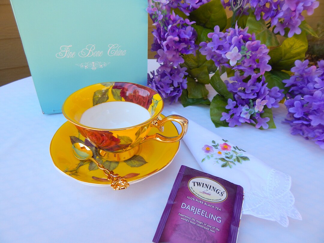 Personalized Tea Cup and Saucer Yellow Red Roses and Gold With Gold ...