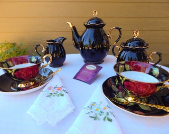 Beauty and the Beast Party  Tea Set Teapot  sugar bowl creamer  two Enchanted Rose teacups saucers, gold plated spoons, napkins, tea sampler