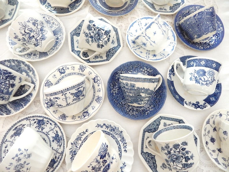 Blue and White Tea Cups and Saucers. Mismatched Party Favors Etsy