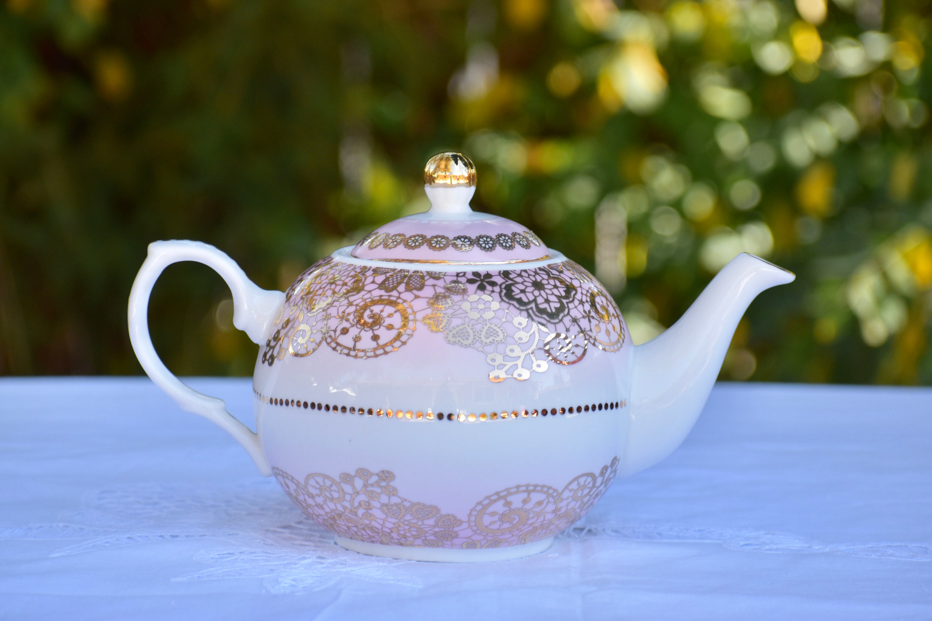 Downton Abbey Tea Set. Pink and Gold Lace Porcelain Tea Pot Etsy