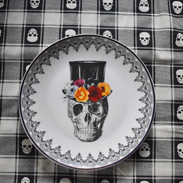 Plate  Skeleton Skull with Floral Tuxedo Top Hat. Porcelain Dish with gold rim. Bachelor  Holiday Bridal Shower Gift  Lunch Dinner Platter
