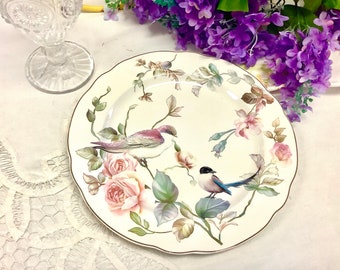 Birds and Vintage Pink Roses Side Plate  Salad  Dessert Plate Fine Porcelain  Scalloped Gold Edge. Serving Platter Table Centerpiece