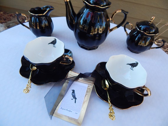 Edgar Allan Poe the Raven Tea Set Black Gold Porcelain Teapot Sugar Bowl,  Creamer, Two Crow Teacups, Gold Plated Spoons, Tea Packet, 