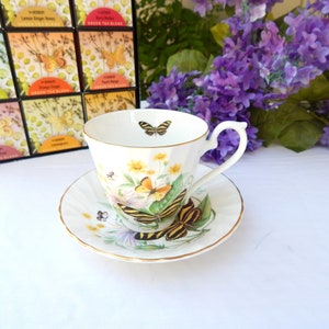Vintage Tea Cup  Royal Kendal Holmes Gray Passion Flower  Yellow and Black Butterflies  Staffordshire 1970 Tea Cup and Saucer. With gift box
