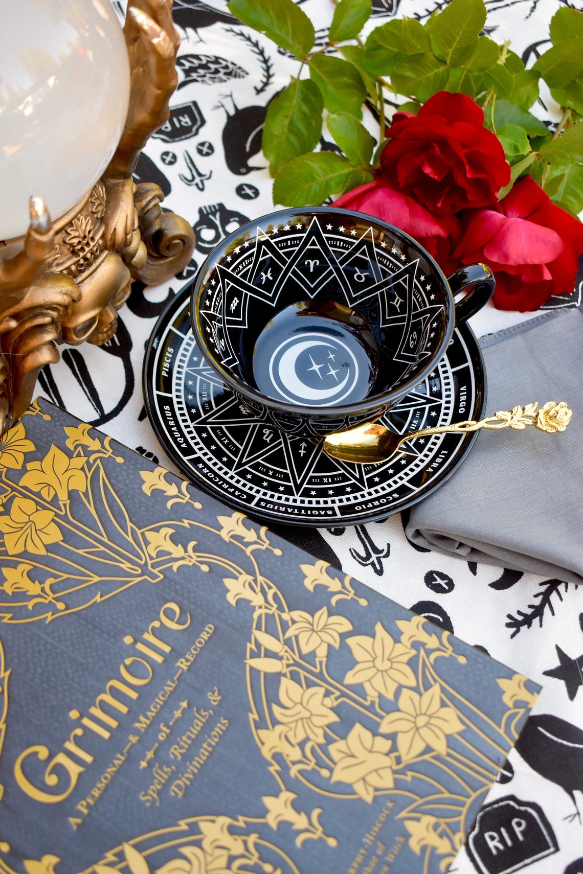 Zodiac Signs Black Tea Cup and Saucer With Spoon Linen Tea Etsy