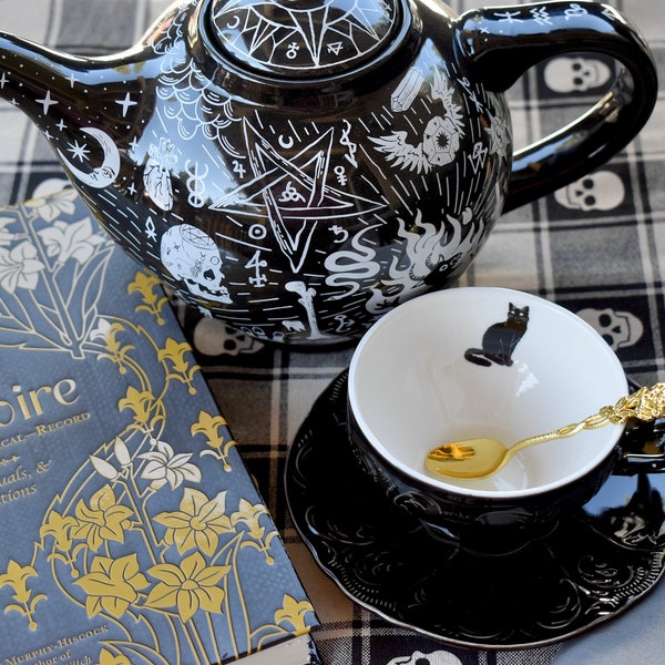 Black Cat Victorian Goth Tea Cup and saucer  Black embossed porcelain  gold plated spoon  Themed tea packet. Comes with gift box