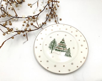 Plate Winter Wonderland Forest Trees with Gold Decorations. Fine Bone China Dish. Side  Salad Dessert, Bread Butter