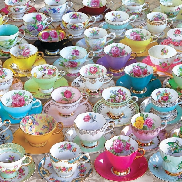 Mismatched Tea Cups and Saucers  Party favors Bridal Shower  Baby Shower  Birthday, Wedding Tea Party, with tea spoon, tea, napkin, gift box