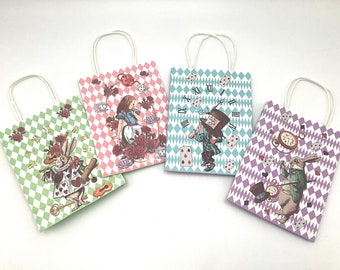 Alice in Wonderland Gift Bag with Handles, Mad hatter, White Rabbit, Premium gusset bags for Party Favor, Gifts, Tea Party, Hostess Presents