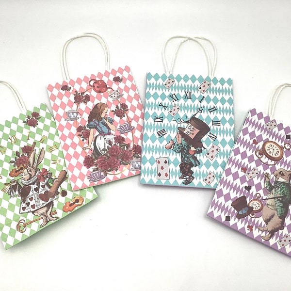 Alice in Wonderland Gift Bag with Handles, Mad hatter, White Rabbit, Premium gusset bags for Party Favor, Gifts, Tea Party, Hostess Presents