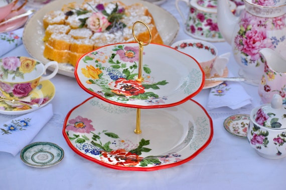 Tiered Tray Pioneer Woman Handmade COUNTRY GARDEN Red Flowers Serving  Platter Decorations Centerpiece for Tea Parties Tablescaping box 20