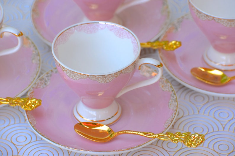 Tea Set. Elegant Pink with Gold Lace Rim footed porcelain tea Etsy