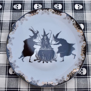 Divination Plate  Salem Witches around a cauldron. Fine Bone China Dish. Day of the Dead bewitching Wedding Lunch Dinner Platter