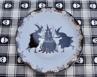 Placa de adivinación Salem Brujas alrededor de un caldero. Plato de porcelana fina. Plato de cena y almuerzo de boda fascinante del Día de Muertos