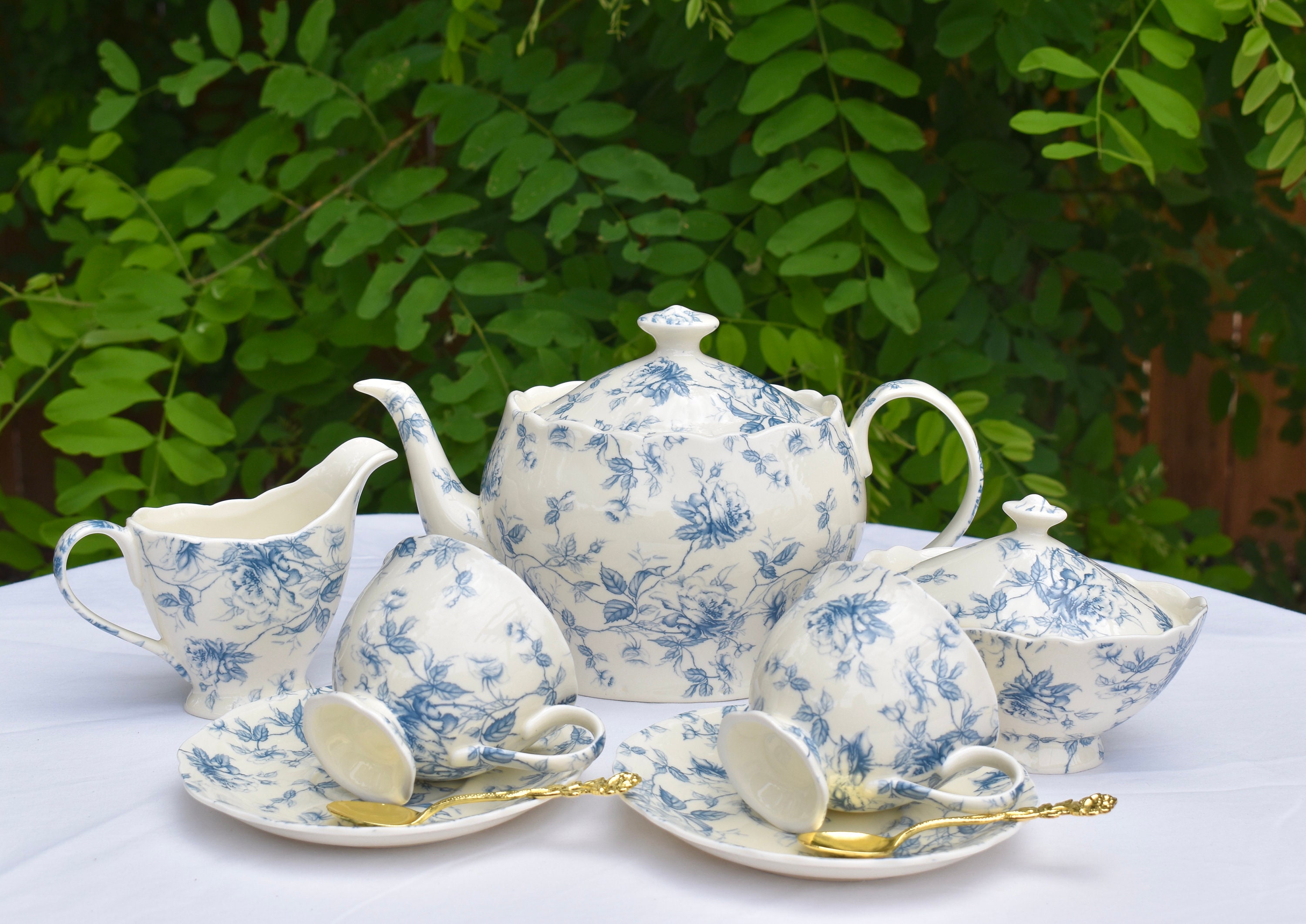 Tea Set. Blue Toile Porcelain Tea pot tea cups sugar bowl Etsy
