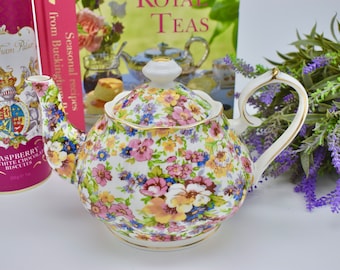 Teapot  Summertime Chintz Garden Pink Yellow Blue Flowers. 40oz Fine Bone China Tea Pot with Imported Tea Sampler.