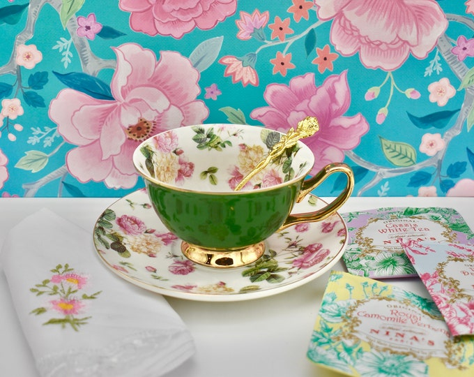 Personalized Tea Cup and Saucer Hunter Green with Pink Roses with gold plated spoon tea napkin, tea packet and gift box. Gift for tea lover