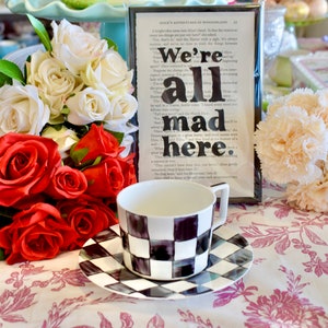 Personalized Alice in Wonderland Tea Party  Classic Alice Mad Hatter Fine Bone China Cup , Plate, gold plated spoon, napkin, tea, gift box