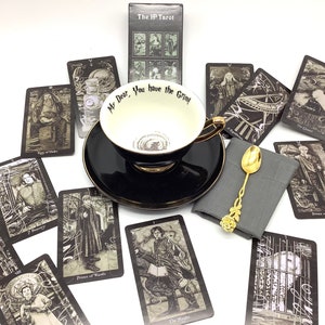 Juego de regalo personalizado de té y tarot Harry Potter My Dear Grim taza de té plateada servilleta de cuchara, té suelto de adivinación, baraja de tarot y caja de regalo