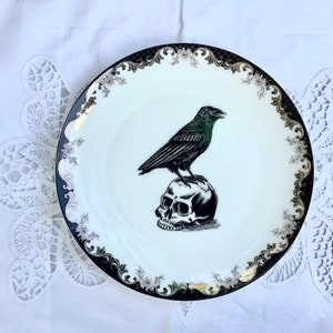 Skull Plate  Black Crow perched on Skull Skeleton. Fine Bone China Dish. Holiday Wedding gift  Bridal Shower  Salad, Dessert, Bread Butter