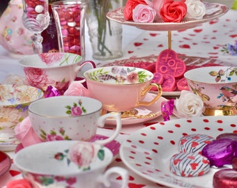 ALL PINK Mismatched Tea Cups and Saucers  Party favors Birthday  Bridal Luncheon  Baby Shower. Comes with tea, spoon, napkin and gift box