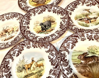 Set of Six Woodland Spode England Plates Assortment of Side  Salad  Dessert Dishes, Platter, Rustic Cabin Decor, Hostess Gift