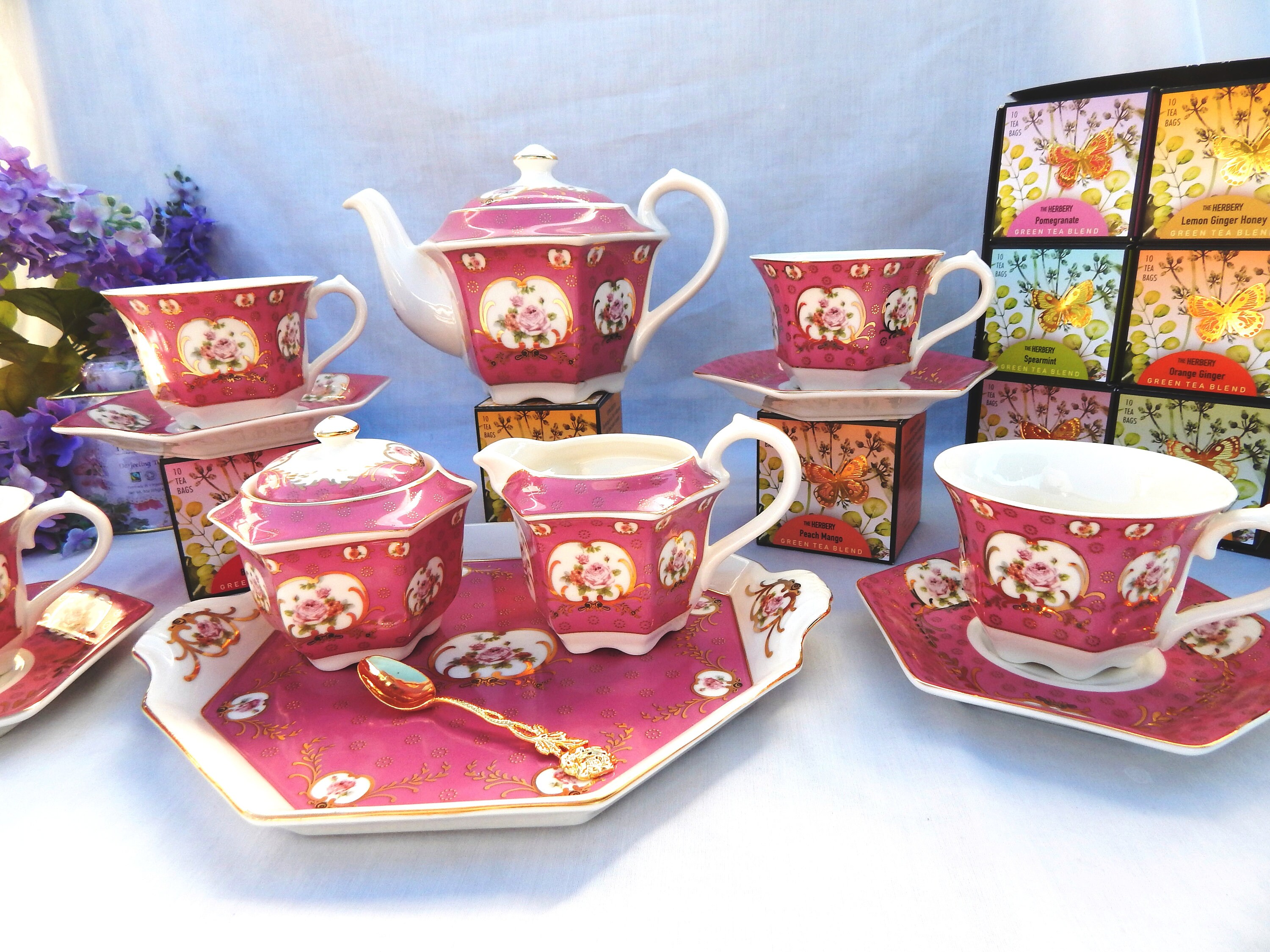 Tea Set Bridgerton Pink Tea Party. Porcelain Tea Pot Cups Etsy