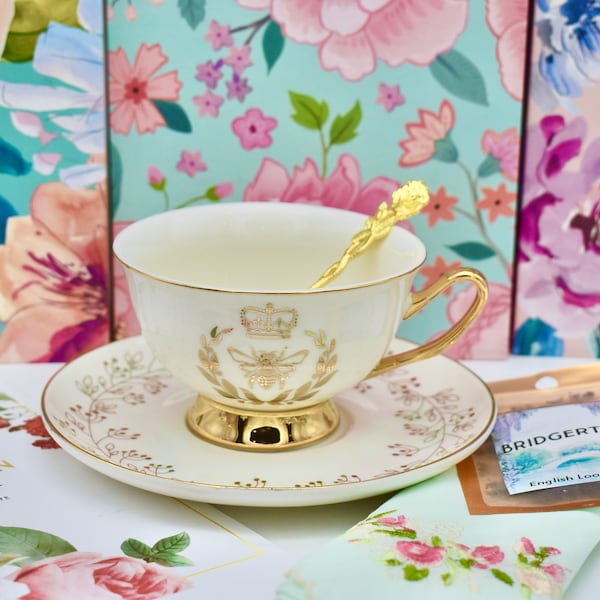 Bridgerton Regency Queen Bee Ivory Pearl with Gold Tea Cup and Saucer with Spoon  Embroidered Napkin  Tea Pack, Gift Box  Bridal Shower gift