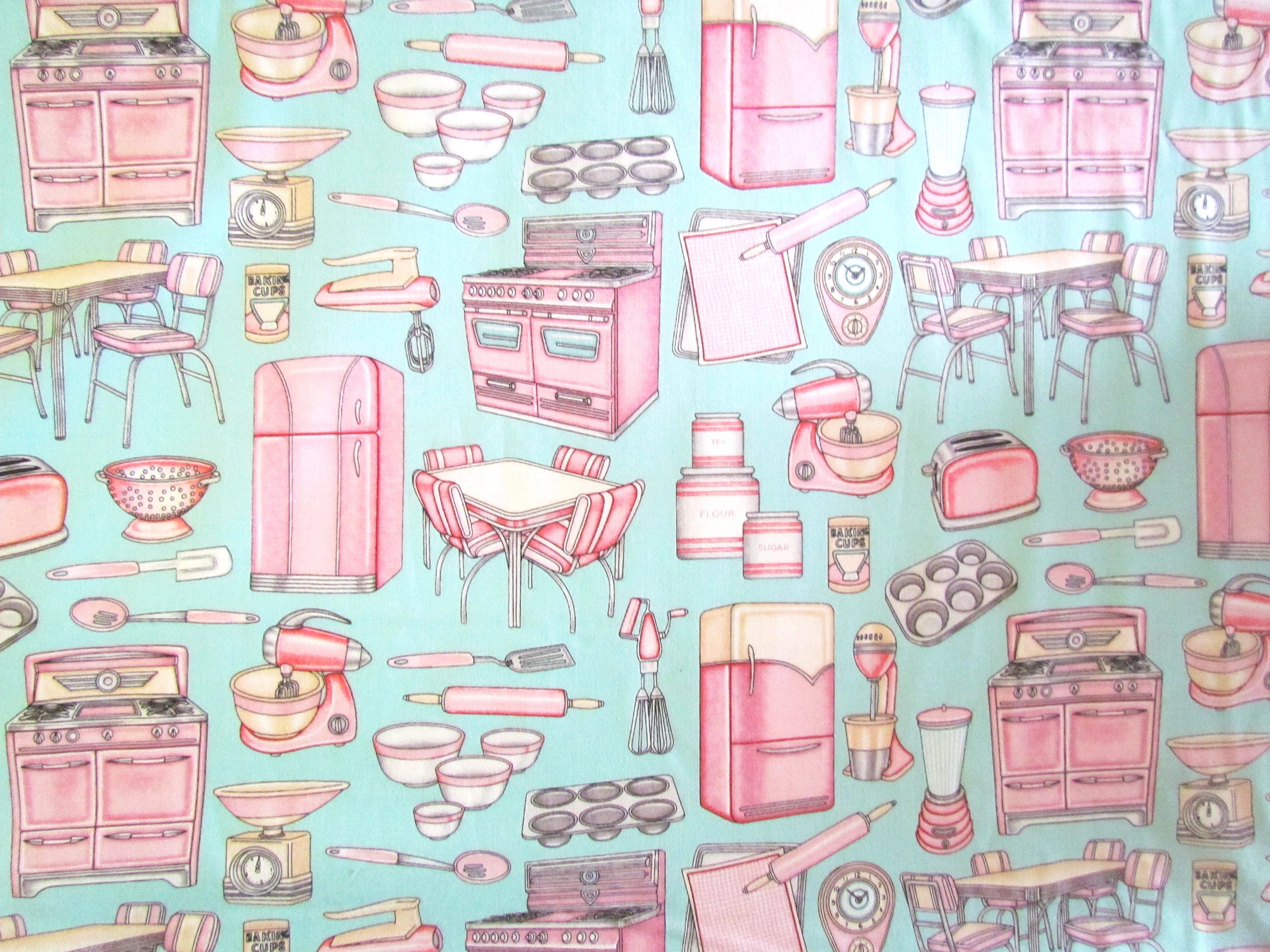 Fabric Hy Retro Kitchen Appliances Toaster Blender Spoons Knives Baking Cupcakes Teal And Pink What S Cookin Dan Morris Cotton Fabric