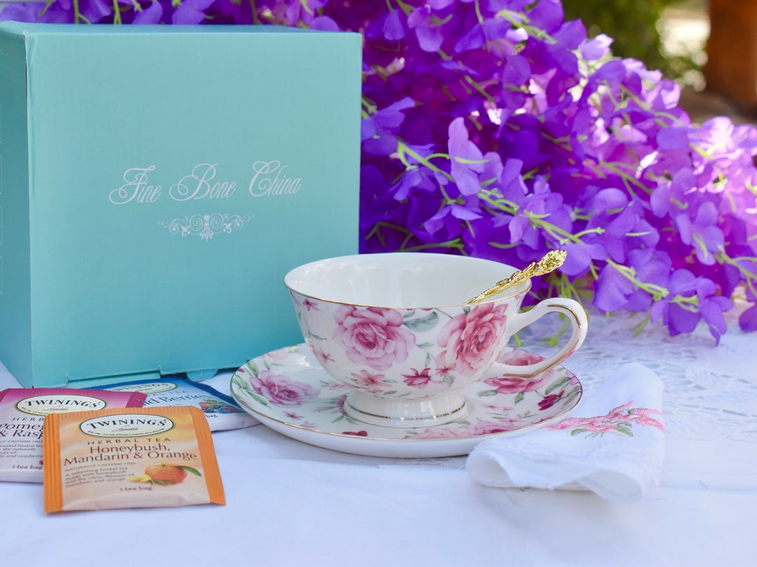 Personalized Tea Cup and Saucer Set White Peony Teacup With Gold Plated