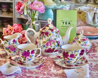 Tea Set English Lady Danbury 20 piece Red Roses Porcelain Set  Tea pot  cups  sugar bowl, creamer, spoons, napkins, Tea packet