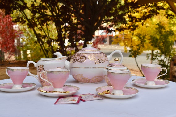 Tea Set 20 Piece Elegant Pink Gold Lace Teapot Sugar Bowl Creamer, Four  Demitasse Cups, Gold Plated Spoons, Embroidered Napkins, Tea 