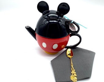 Tea for One  Classic Mickey Mouse. Disney Gift Set Teapot  Teacup  infuser, spoon, napkin, imported tea sampler and gift box