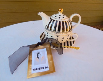 Cruella De Vil Black and White Dalmatian Porcelain Four Piece Tea for One  teapot  cup, saucer, gold plated spoon, embroidered napkin, tea