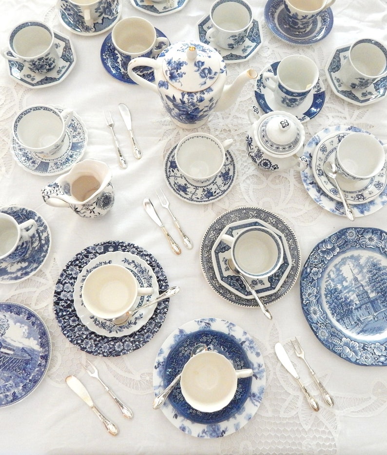 Blue and White Tea Party. Tea Cups and Saucers. Mismatched for Etsy