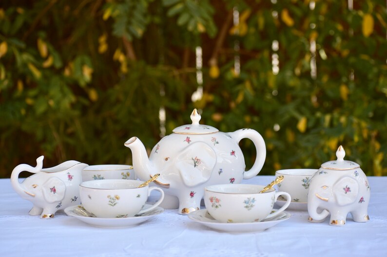 Tea Set. 11 piece Elephant Theme with Gold Trim Teapot Sugar Etsy