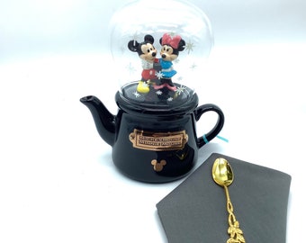 Tea for One  Mickey and Minnie Snow Globe. Disney Gift Set Teapot  Glass Cup  infuser, spoon, napkin, imported tea sampler and gift box