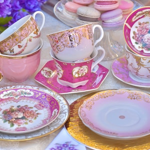 Regency Era Mismatched Tea Cups and Saucers  Extravagant Party favors for Bridal Shower Luncheon. Comes with tea  spoon  napkin and gift box