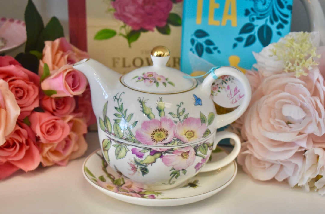 Tea for One Gift Set Hollyhock Flowers Pink and Green. Personalized